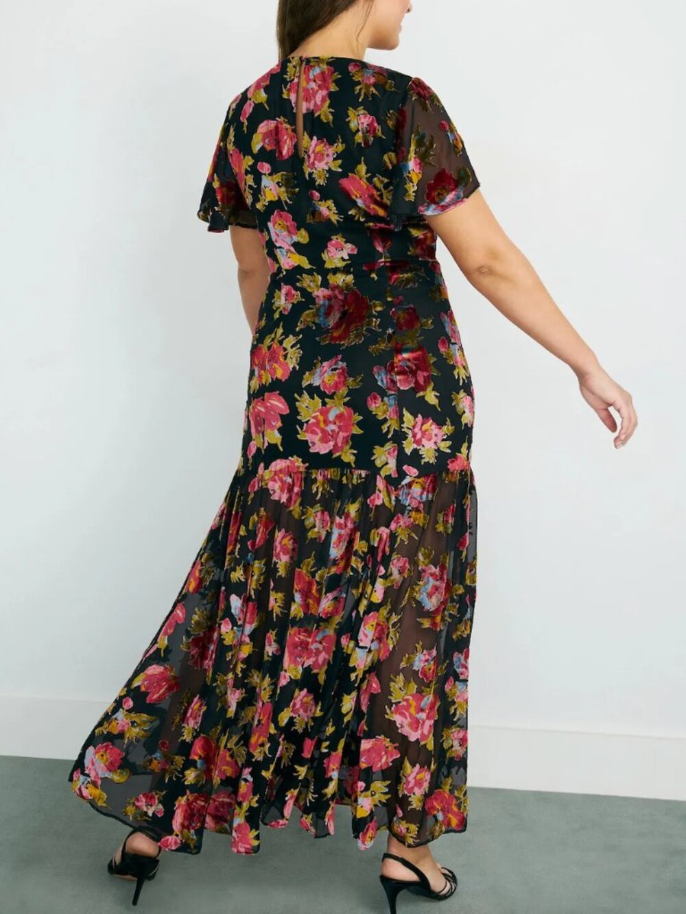 Rixo x RTR Velvet Floral Gown in Black & Red Formal Maxi Dress Short Sleeve 10 - Picture 3 of 7
